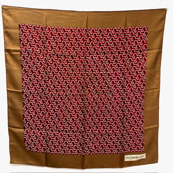 Authentic Scarf YVES SAINT LAURENT 100%  Silk 30" Brown Burgendy Black Design(28 - Picture 1 of 9